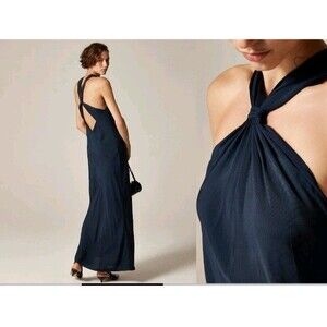 J.Crew Collection Halter Neck Slip Dress Maxi Navy Blue Satin CO420 Size 8 NWT